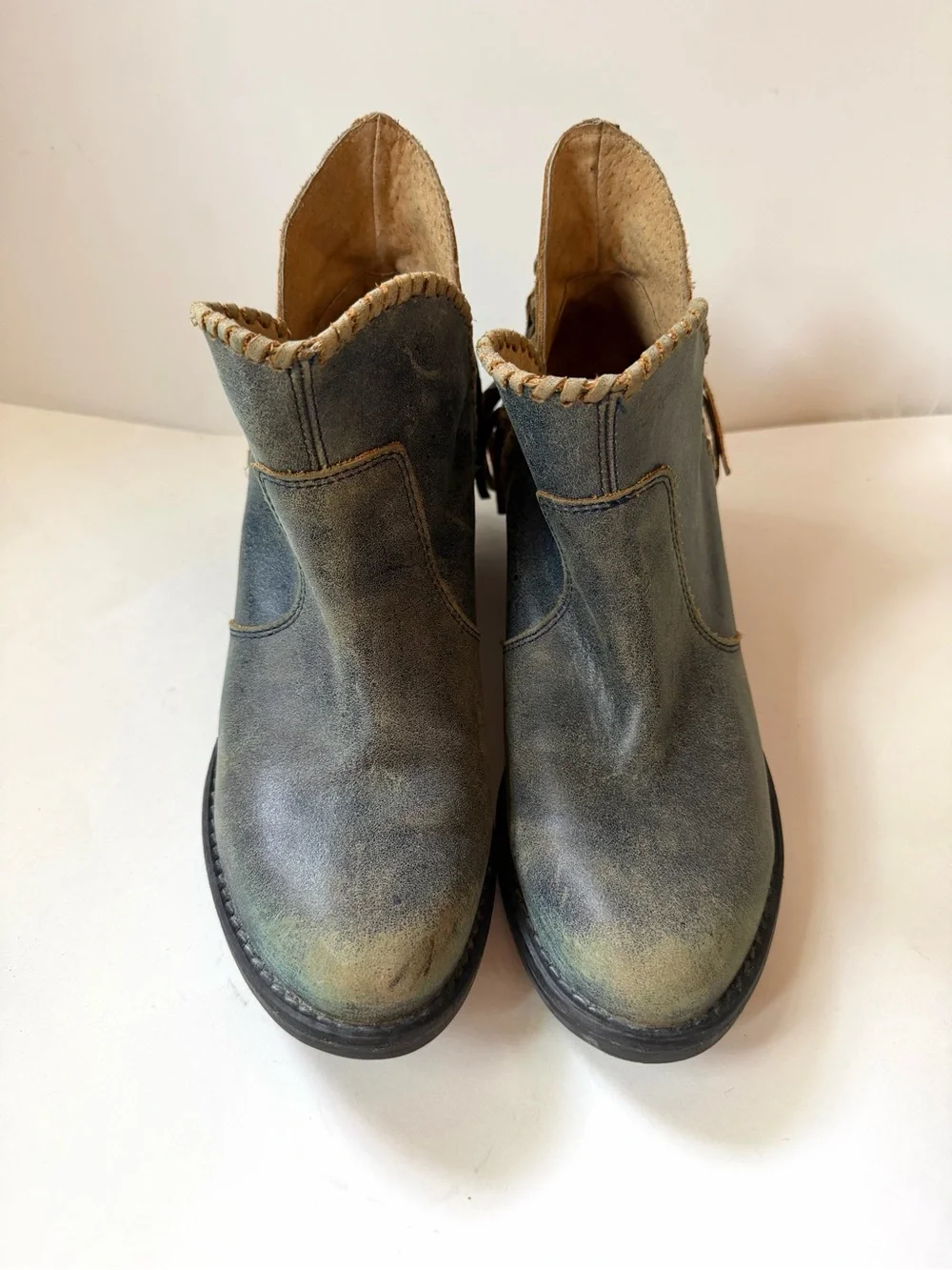 Corral Circle G Leather Distressed Blue Side Fringe Heeled Ankle Bootie Sz 8.5 M